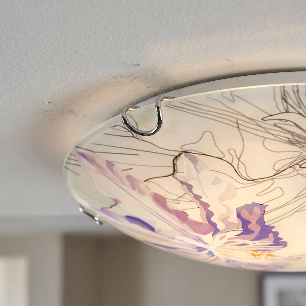Plafonnier 2 Lampes Acier Verre Violet | Spring — detail du bord et de la fixation au plafond