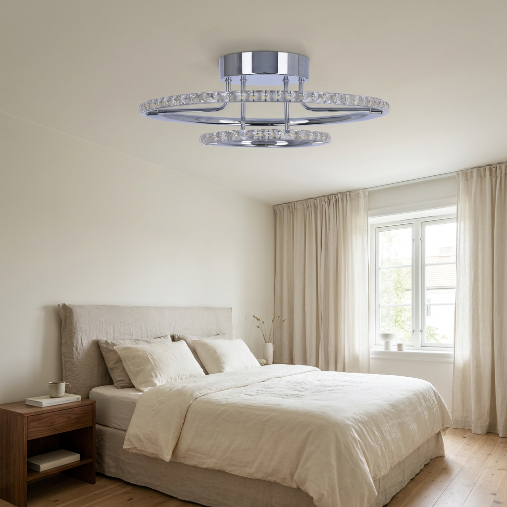Plafonnier 2 Lampes LED Acier Verre Cristal Chromé | Adel — en situation dans une piece, fixe au plafond, eteint