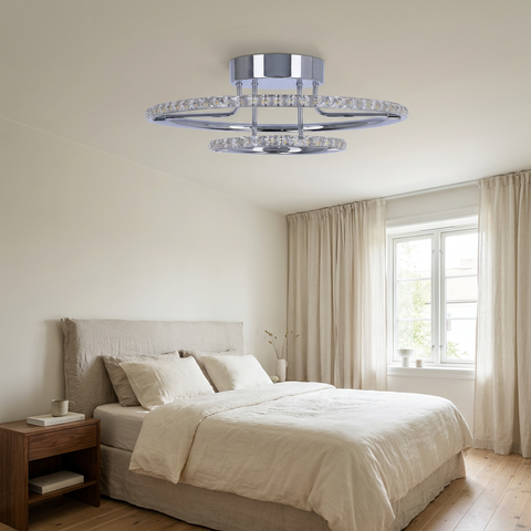Plafonnier 2 Lampes LED Acier Verre Cristal Chromé | Adel — en situation dans une piece, fixe au plafond, eteint