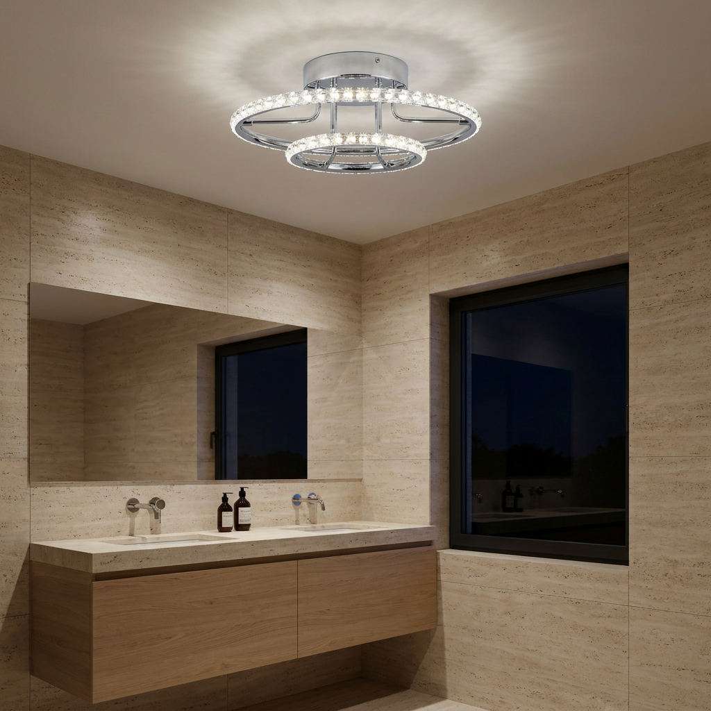 Plafonnier 2 Lampes LED Acier Verre Cristal Chromé | Adel — allume le soir, ambiance chaleureuse, eclairage du plafond