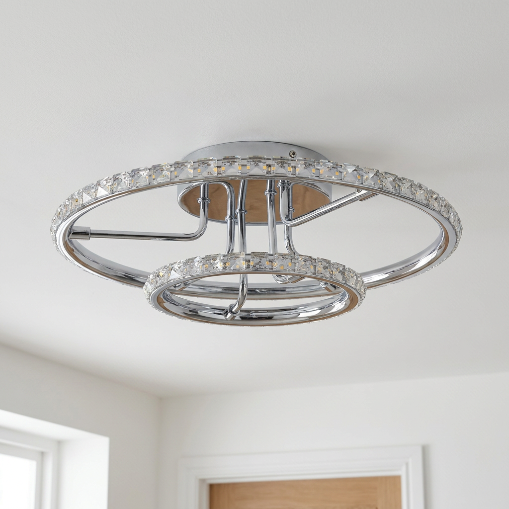 Plafonnier 2 Lampes LED Acier Verre Cristal Chromé | Adel — vu de dessous, fixe au plafond, eteint