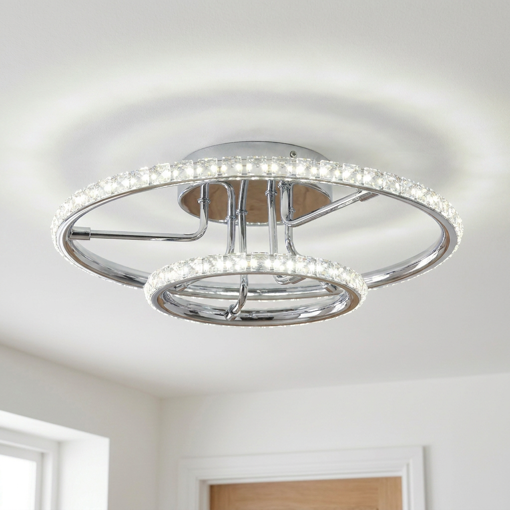Plafonnier 2 Lampes LED Acier Verre Cristal Chromé | Adel — allume au plafond, halo lumineux