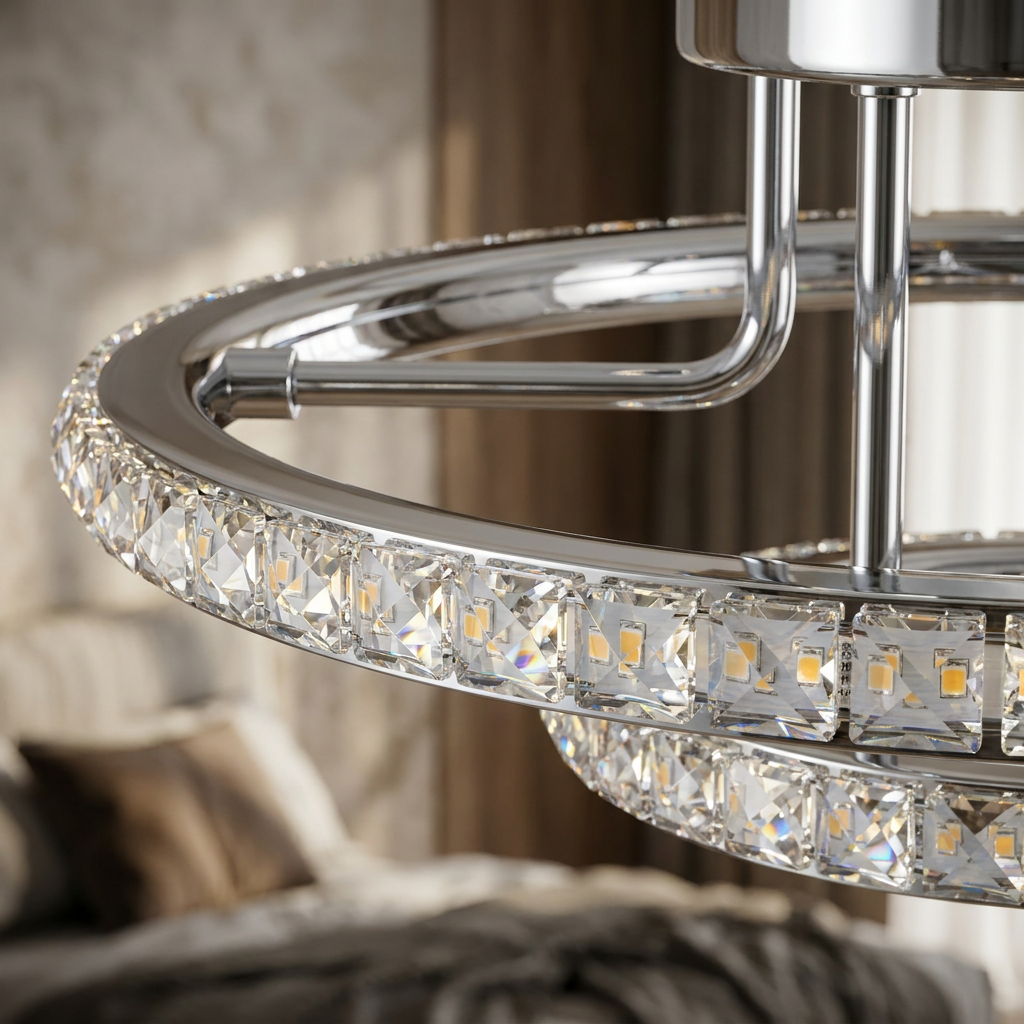 Plafonnier 2 Lampes LED Acier Verre Cristal Chromé | Adel — gros plan sur la matiere et la finition