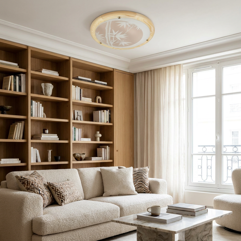 Plafonnier 2 Lampes Métal Verre Bois Pin | Bamboo — en situation dans une piece, fixe au plafond, eteint