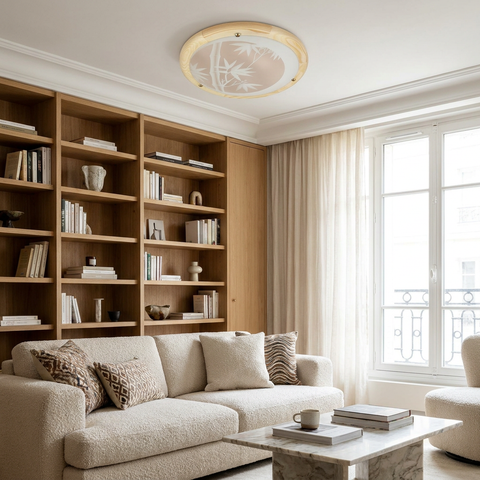 Plafonnier 2 Lampes Métal Verre Bois Pin | Bamboo — en situation dans une piece, fixe au plafond, eteint