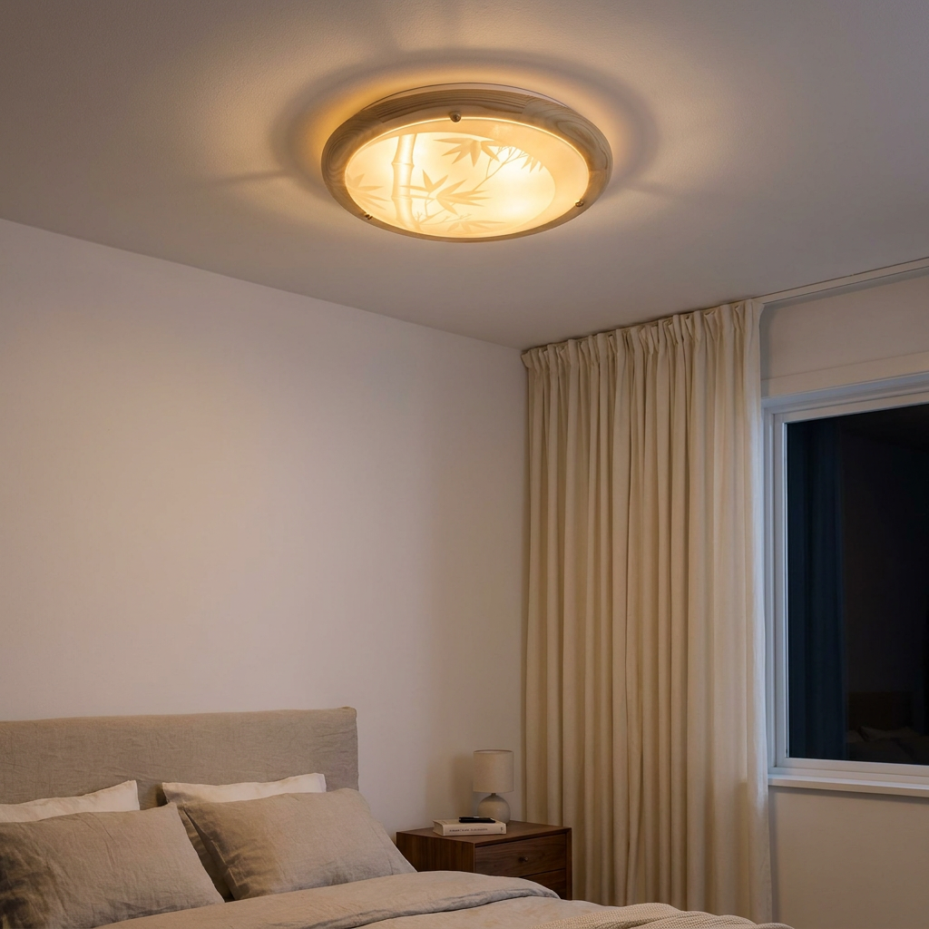 Plafonnier 2 Lampes Métal Verre Bois Pin | Bamboo — allume le soir, ambiance chaleureuse, eclairage du plafond