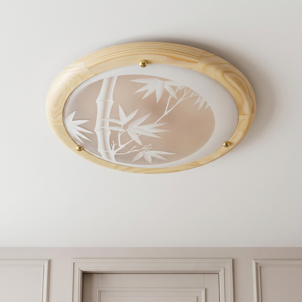 Plafonnier 2 Lampes Métal Verre Bois Pin | Bamboo — vu de dessous, fixe au plafond, eteint