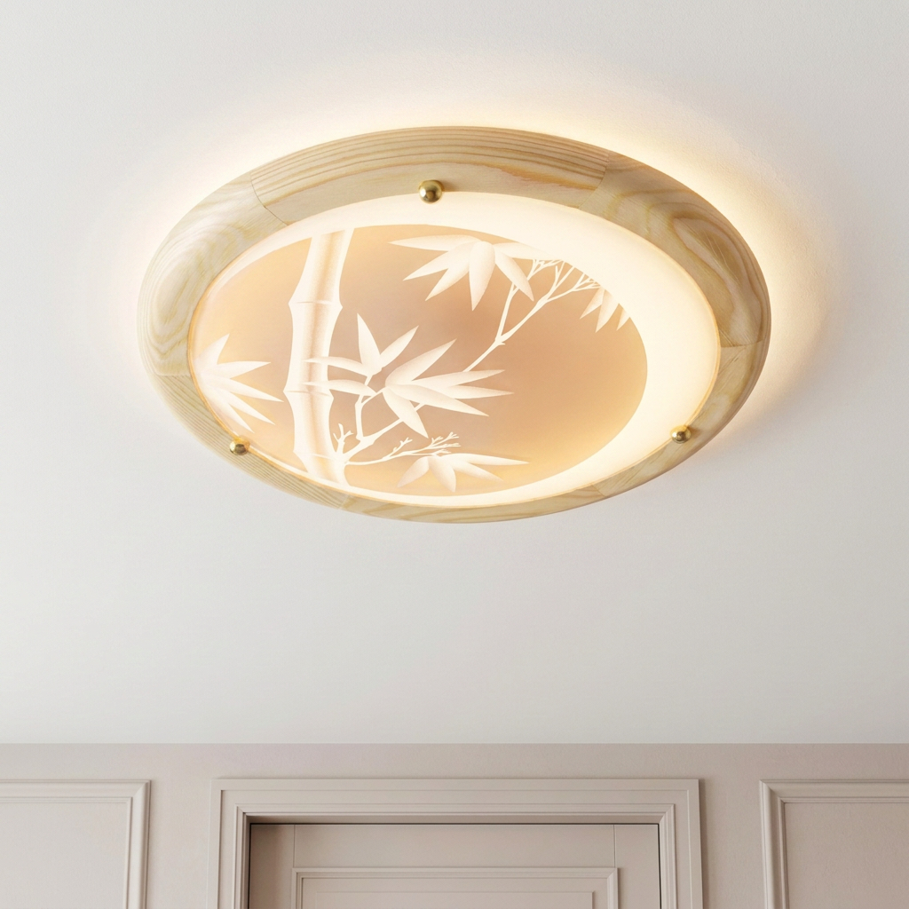 Plafonnier 2 Lampes Métal Verre Bois Pin | Bamboo — allume au plafond, halo lumineux