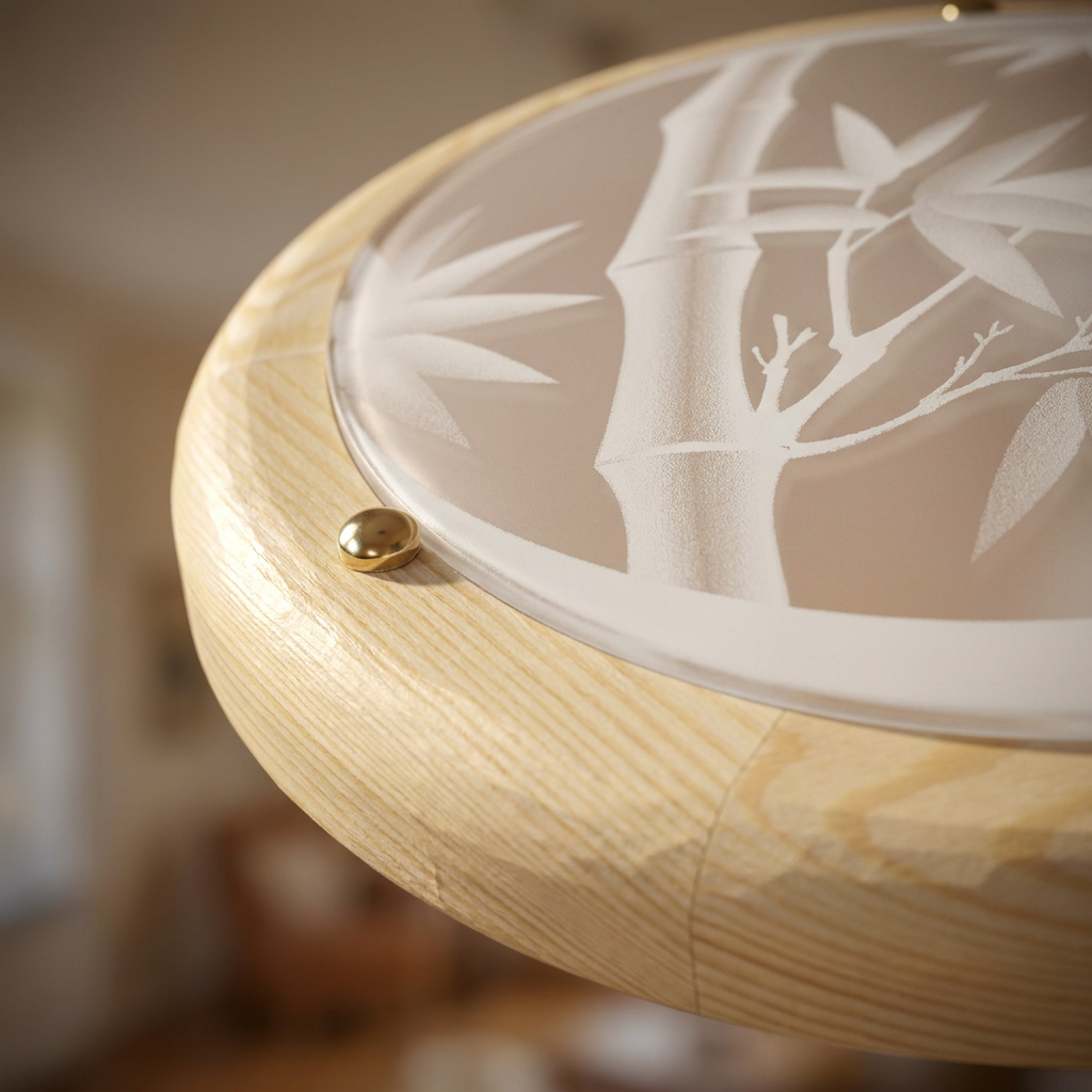 Plafonnier 2 Lampes Métal Verre Bois Pin | Bamboo — gros plan sur la matiere et la finition
