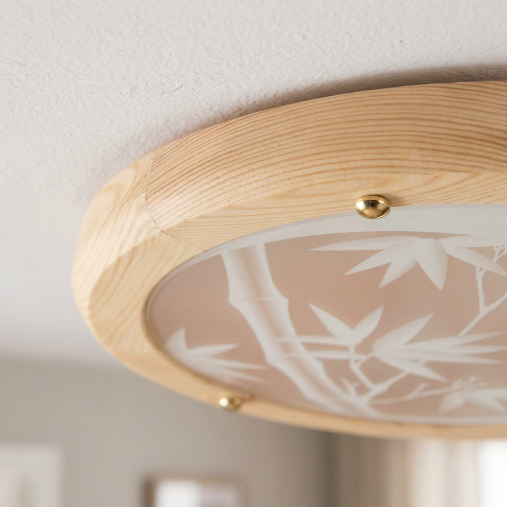 Plafonnier 2 Lampes Métal Verre Bois Pin | Bamboo — detail du bord et de la fixation au plafond