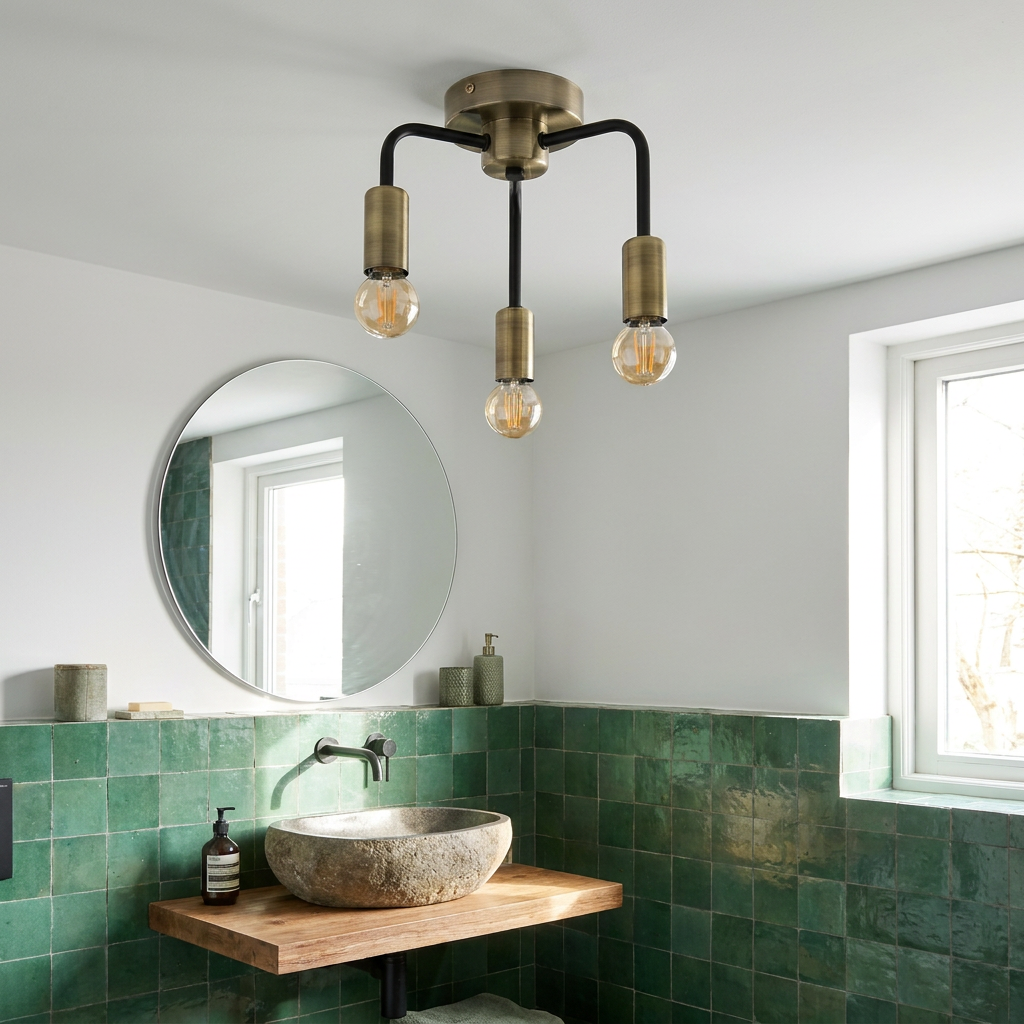 Plafonnier 3 Lampes Acier E14 — en situation dans une piece, fixe au plafond, eteint