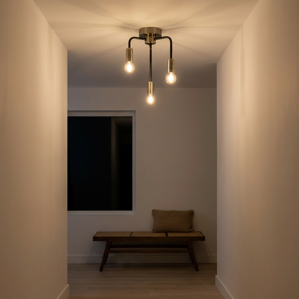 Plafonnier 3 Lampes Acier E14 — allume le soir, ambiance chaleureuse, eclairage du plafond