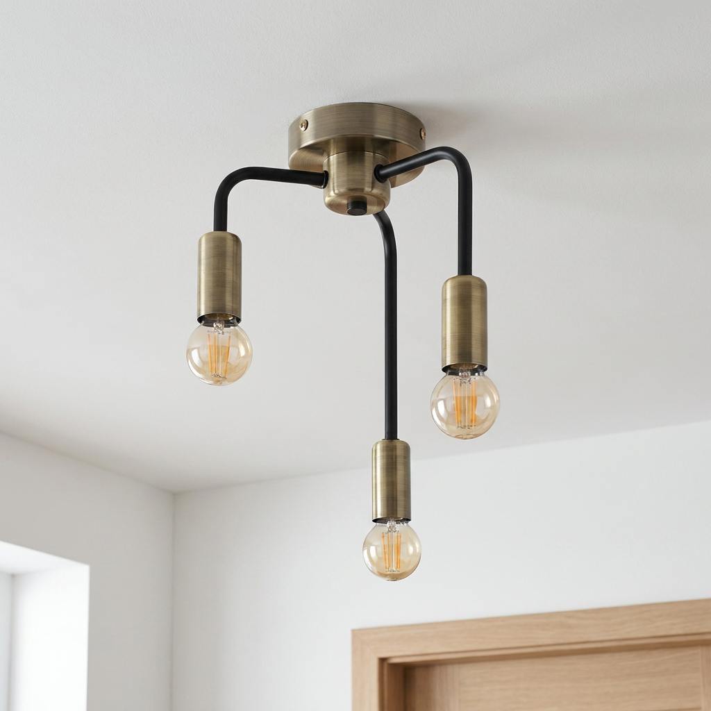 Plafonnier 3 Lampes Acier E14 — vu de dessous, fixe au plafond, eteint