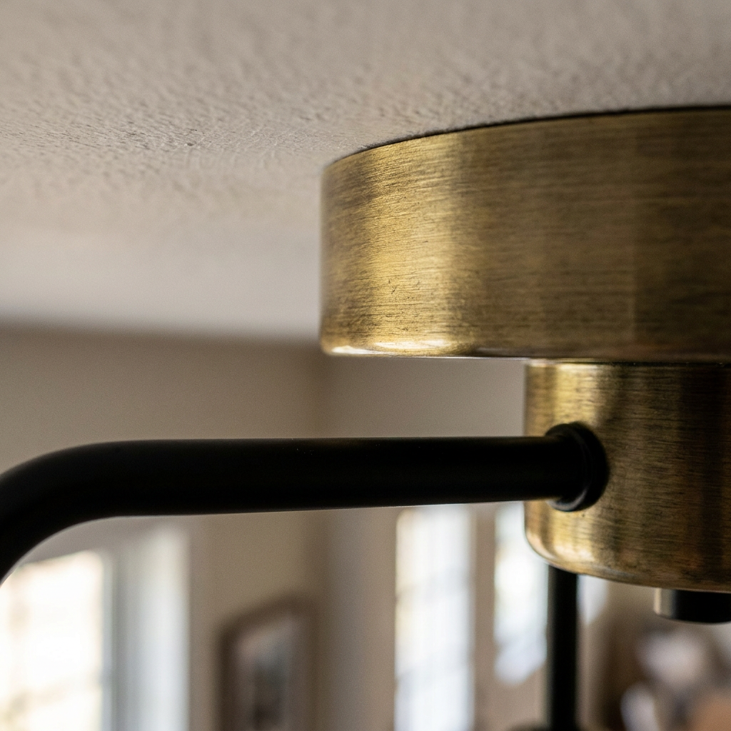 Plafonnier 3 Lampes Acier E14 — detail du bord et de la fixation au plafond