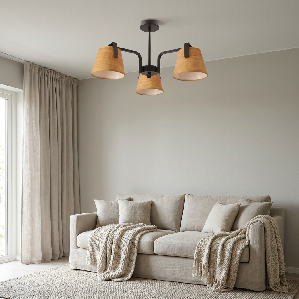 Plafonnier 3 Lampes Acier Marron — en situation dans une piece, fixe au plafond, eteint