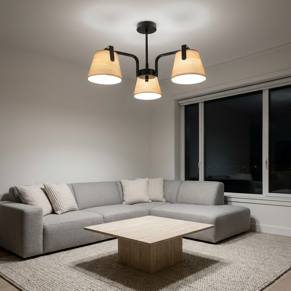 Plafonnier 3 Lampes Acier Marron — allume le soir, ambiance chaleureuse, eclairage du plafond