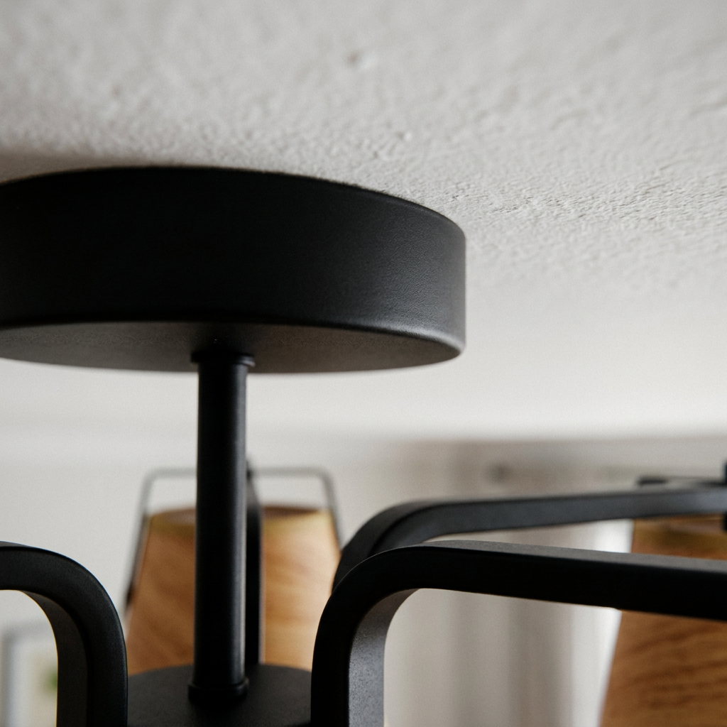 Plafonnier 3 Lampes Acier Marron — detail du bord et de la fixation au plafond
