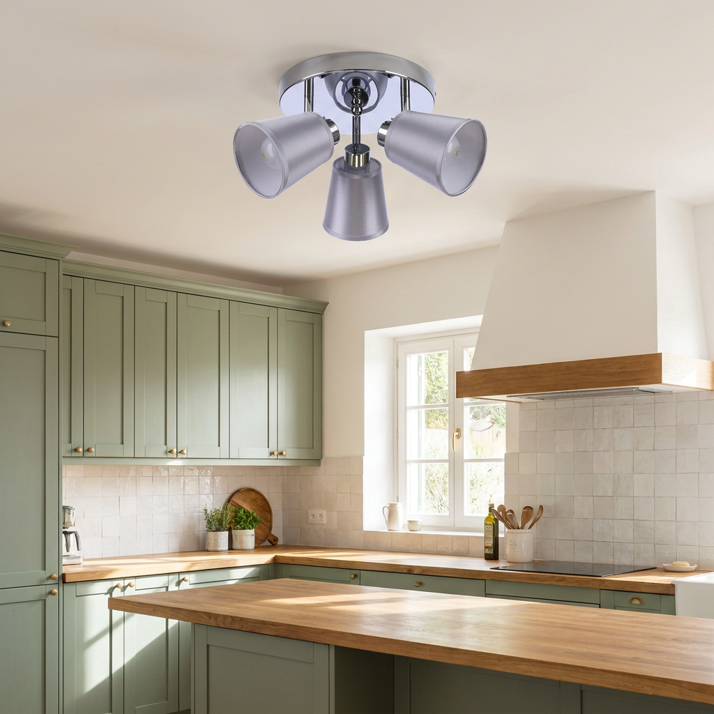 Plafonnier 3 Lampes Acier Tissu Chromé | Pin — en situation dans une piece, fixe au plafond, eteint