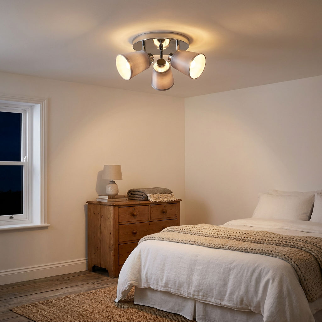 Plafonnier 3 Lampes Acier Tissu Chromé | Pin — allume le soir, ambiance chaleureuse, eclairage du plafond