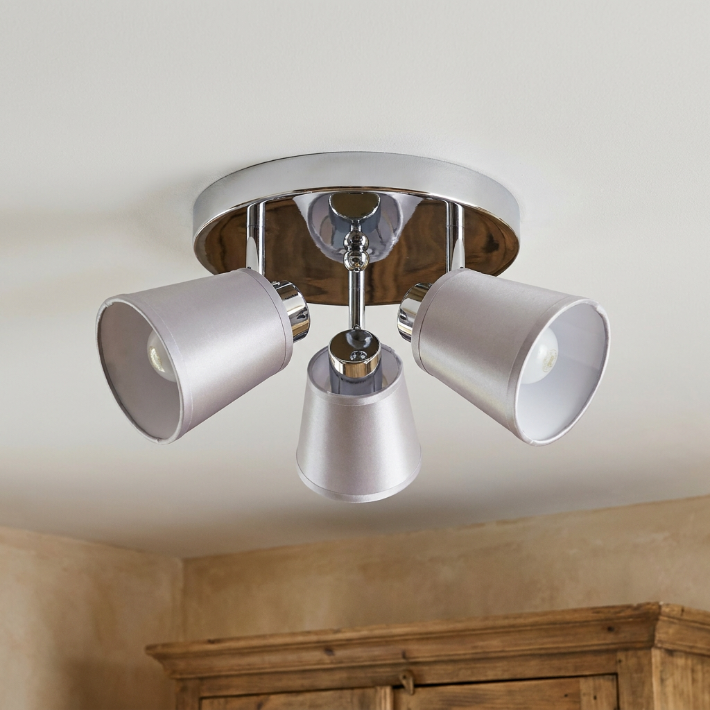 Plafonnier 3 Lampes Acier Tissu Chromé | Pin — vu de dessous, fixe au plafond, eteint