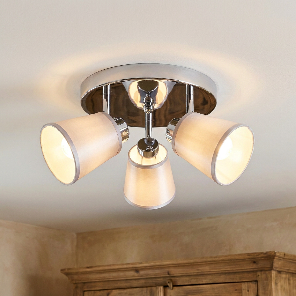 Plafonnier 3 Lampes Acier Tissu Chromé | Pin — allume au plafond, halo lumineux
