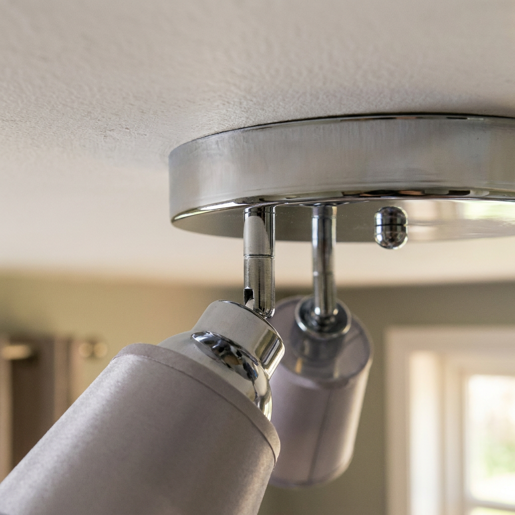 Plafonnier 3 Lampes Acier Tissu Chromé | Pin — detail du bord et de la fixation au plafond
