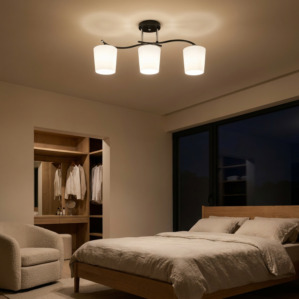 Plafonnier 3 Lampes Acier Verre — allume le soir, ambiance chaleureuse, eclairage du plafond