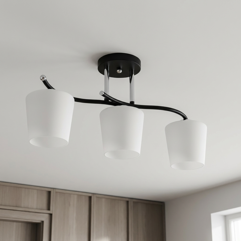 Plafonnier 3 Lampes Acier Verre — vu de dessous, fixe au plafond, eteint