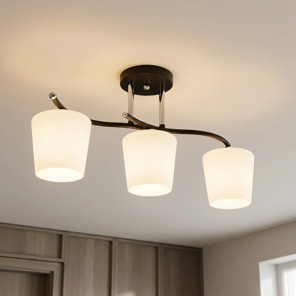 Plafonnier 3 Lampes Acier Verre — allume au plafond, halo lumineux