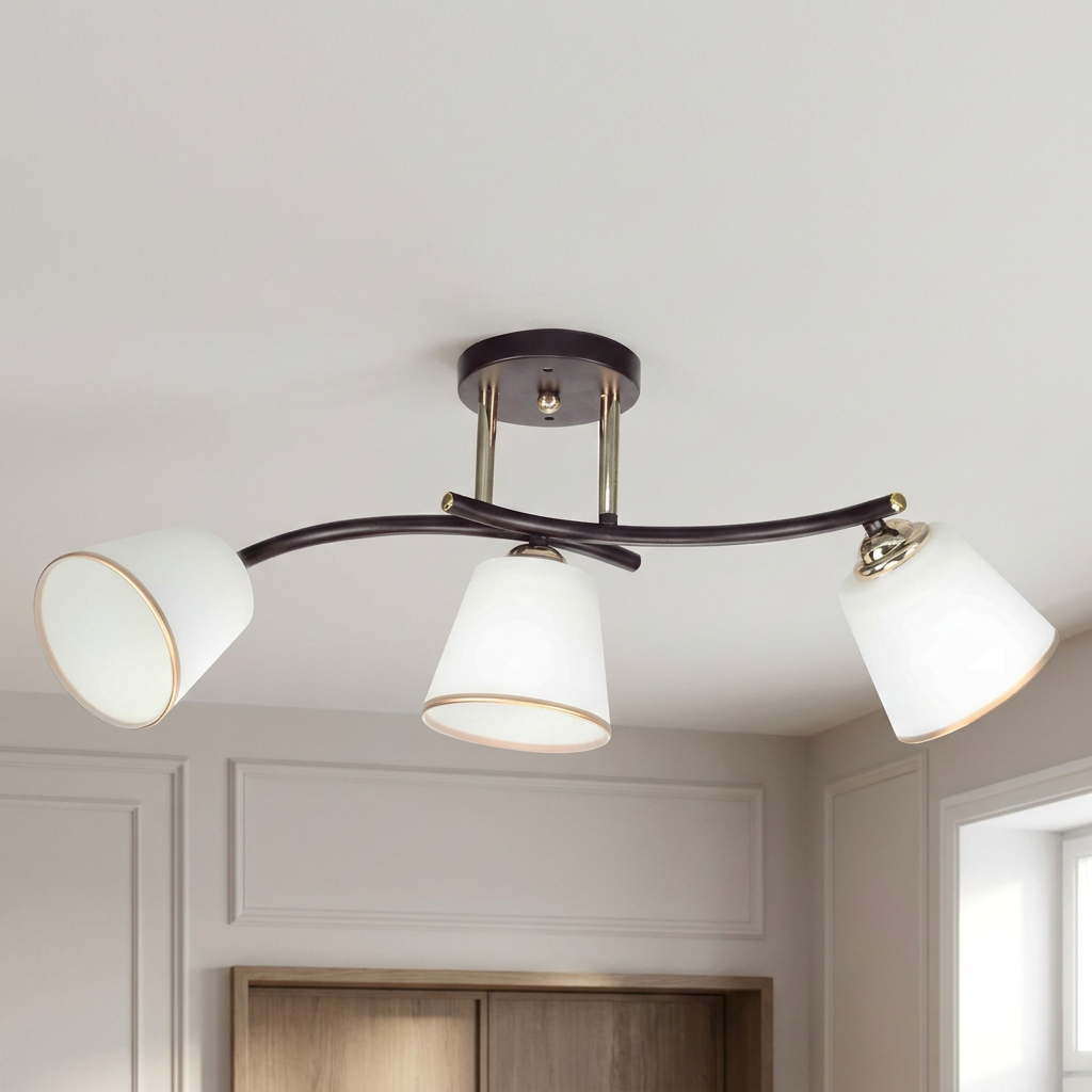 Plafonnier 3 Lampes Acier Verre — vu de dessous, fixe au plafond, eteint