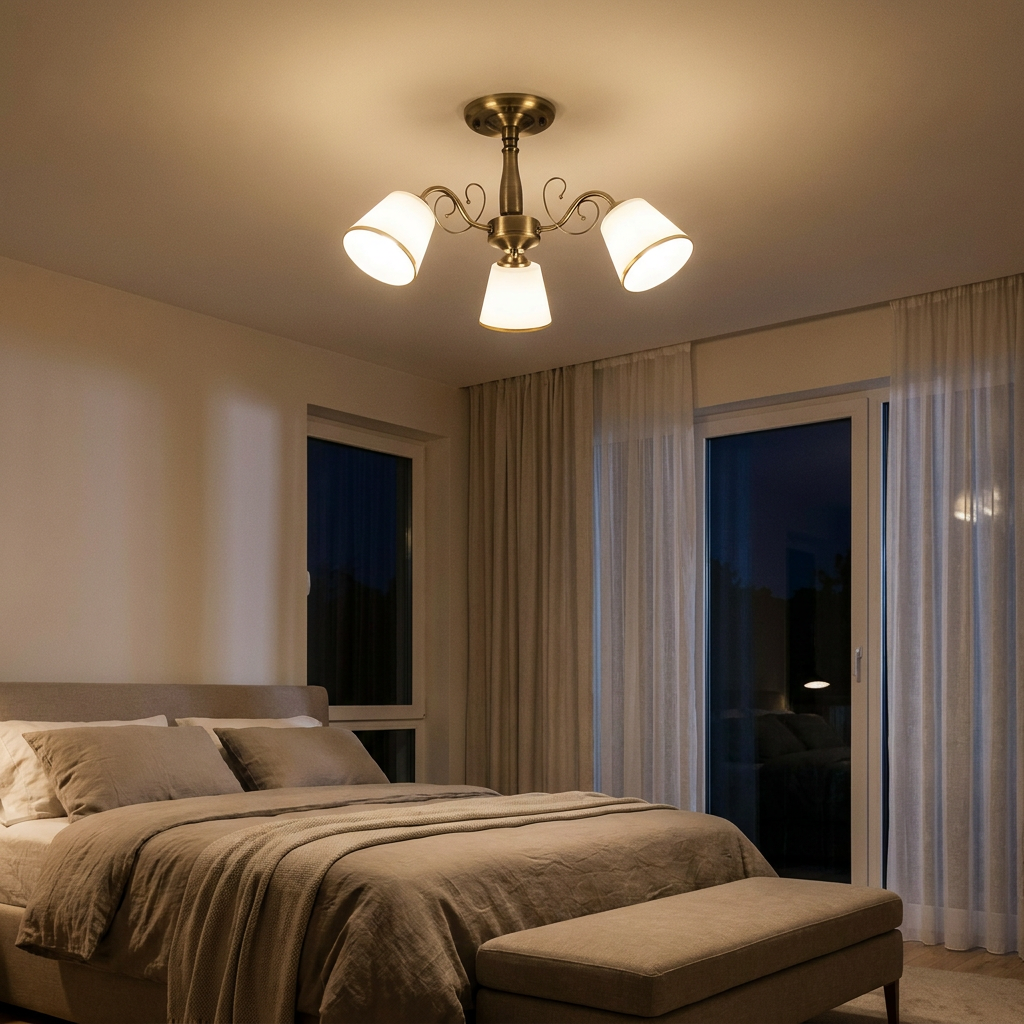 Plafonnier 3 Lampes Acier Verre Antique Laiton — allume le soir, ambiance chaleureuse, eclairage du plafond