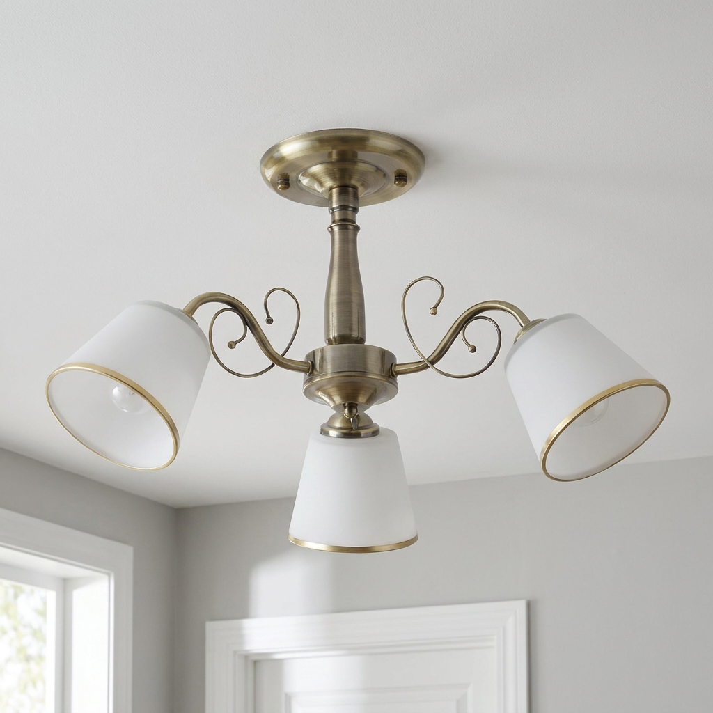 Plafonnier 3 Lampes Acier Verre Antique Laiton — vu de dessous, fixe au plafond, eteint