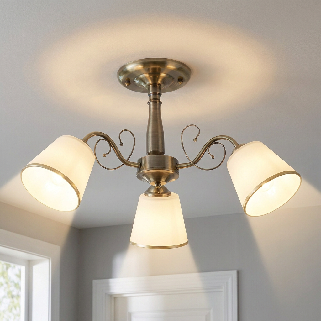 Plafonnier 3 Lampes Acier Verre Antique Laiton — allume au plafond, halo lumineux