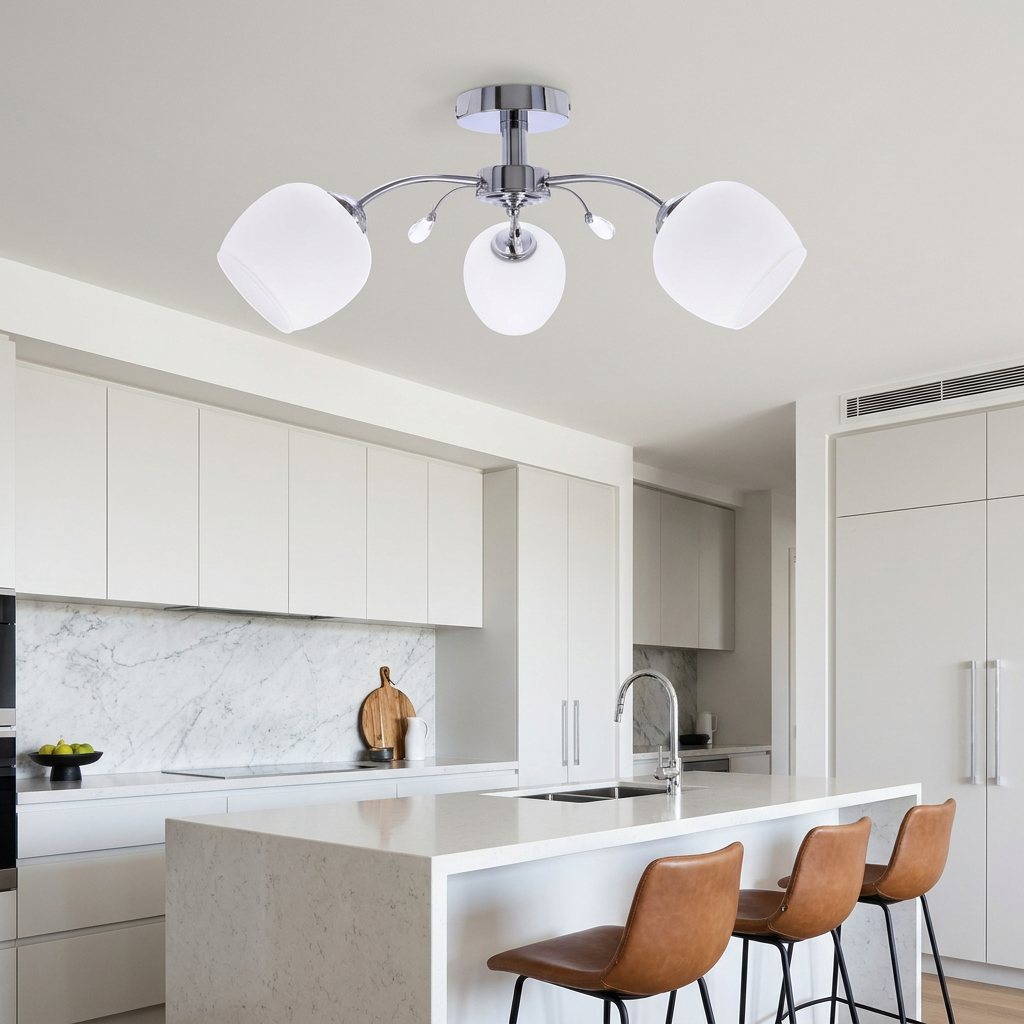 Plafonnier 3 Lampes Acier Verre Chromé Blanc — en situation dans une piece, fixe au plafond, eteint