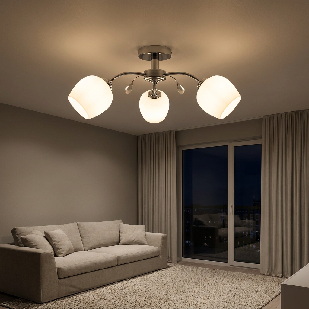 Plafonnier 3 Lampes Acier Verre Chromé Blanc — allume le soir, ambiance chaleureuse, eclairage du plafond