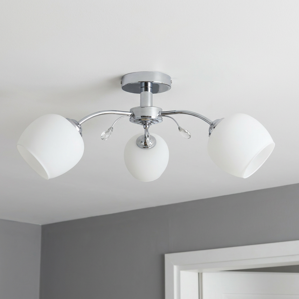 Plafonnier 3 Lampes Acier Verre Chromé Blanc — vu de dessous, fixe au plafond, eteint