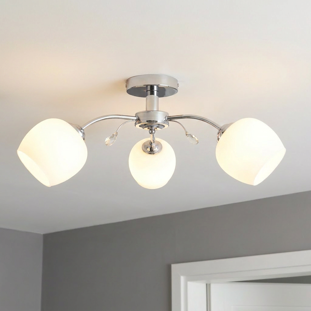 Plafonnier 3 Lampes Acier Verre Chromé Blanc — allume au plafond, halo lumineux