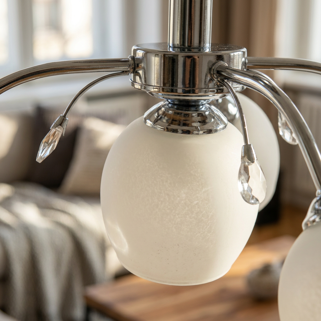 Plafonnier 3 Lampes Acier Verre Chromé Blanc — gros plan sur la matiere et la finition