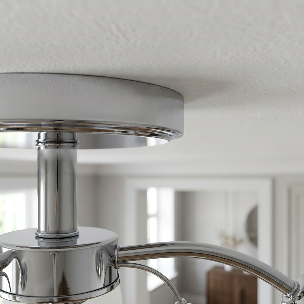 Plafonnier 3 Lampes Acier Verre Chromé Blanc — detail du bord et de la fixation au plafond
