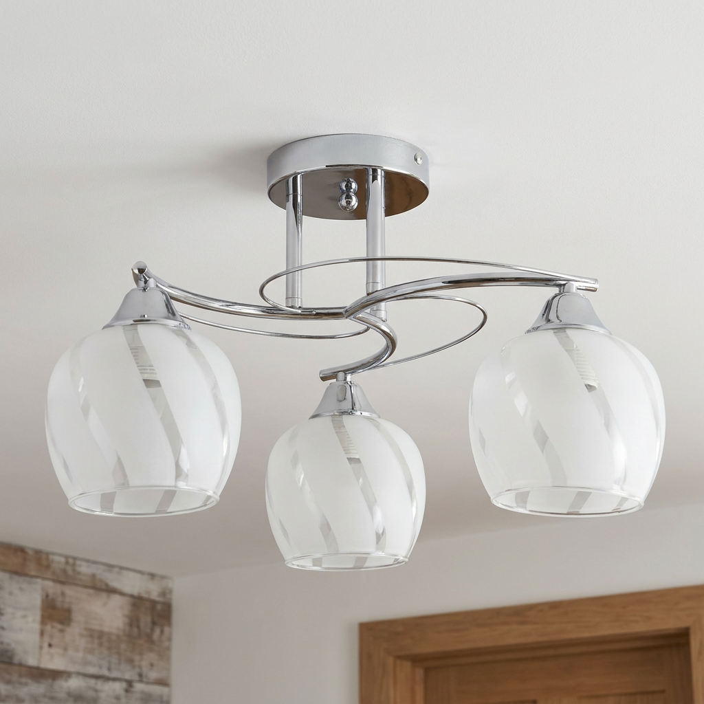 Plafonnier 3 Lampes Acier Verre Chromé Transparent — vu de dessous, fixe au plafond, eteint