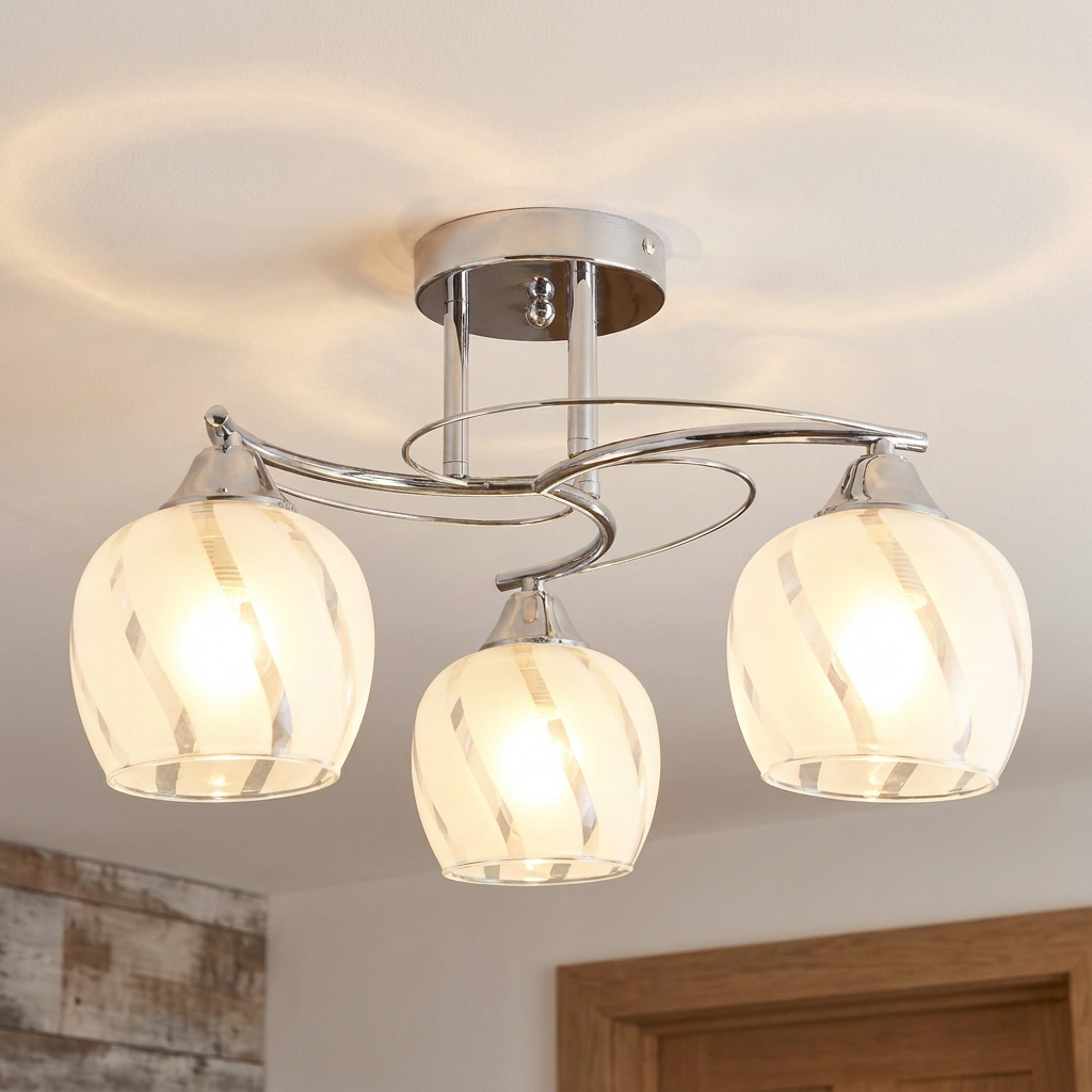 Plafonnier 3 Lampes Acier Verre Chromé Transparent — allume au plafond, halo lumineux