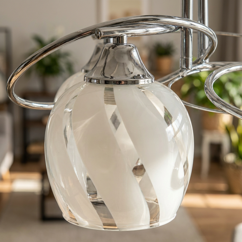 Plafonnier 3 Lampes Acier Verre Chromé Transparent — gros plan sur la matiere et la finition