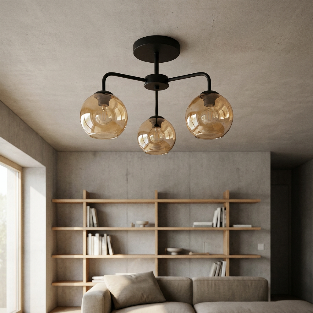 Plafonnier 3 Lampes Acier Verre Marron — en situation dans une piece, fixe au plafond, eteint