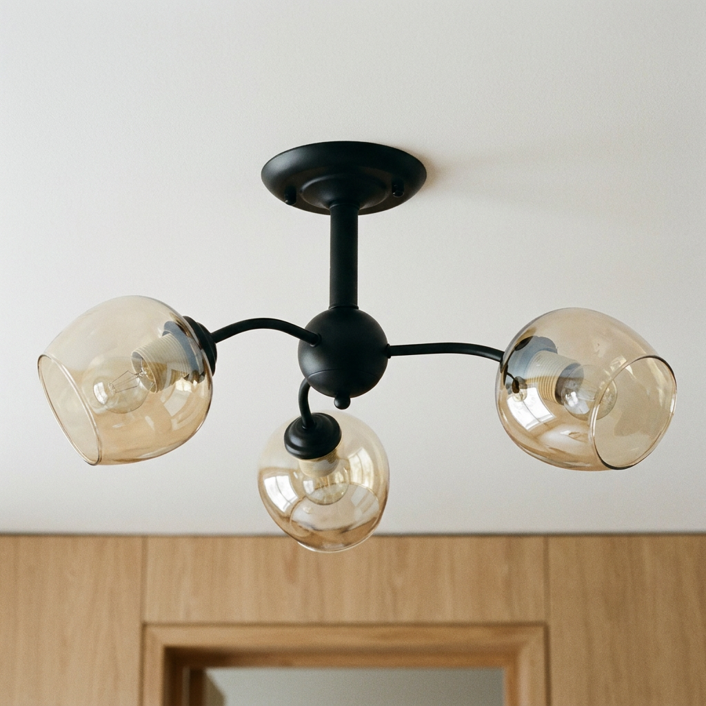 Plafonnier 3 Lampes Acier Verre Marron — vu de dessous, fixe au plafond, eteint