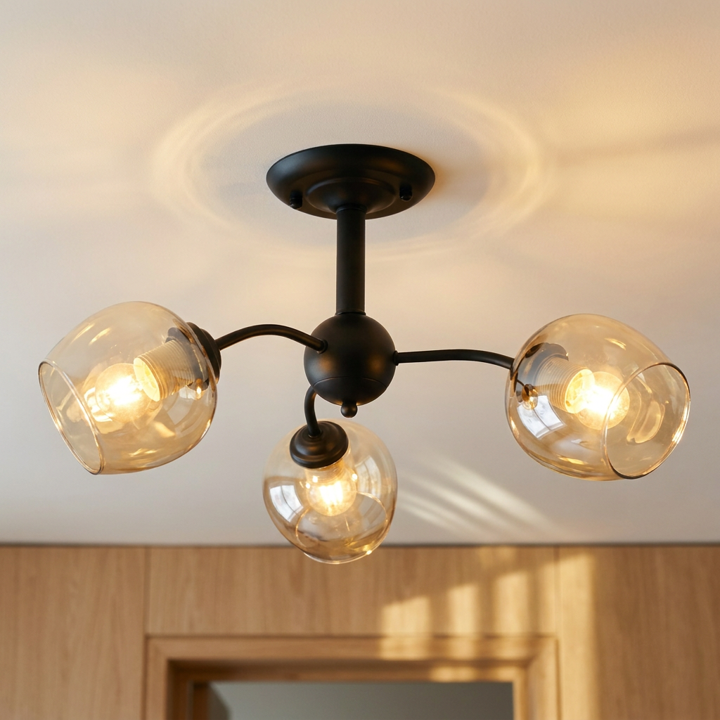 Plafonnier 3 Lampes Acier Verre Marron — allume au plafond, halo lumineux