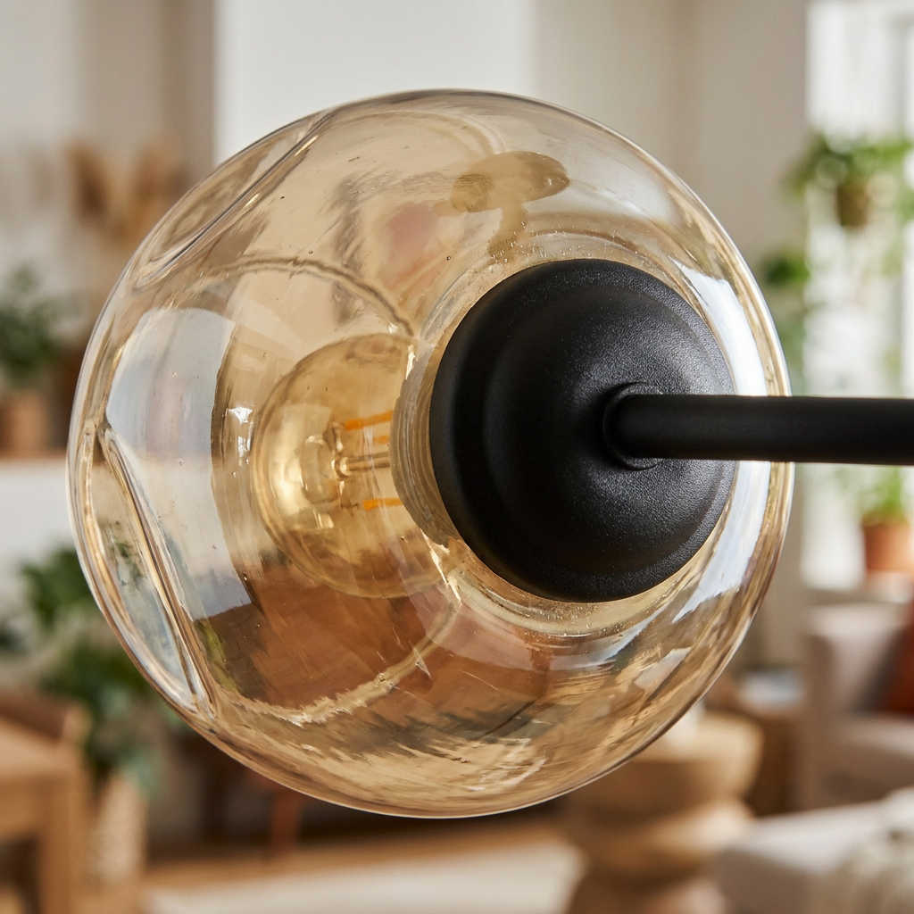 Plafonnier 3 Lampes Acier Verre Marron — gros plan sur la matiere et la finition
