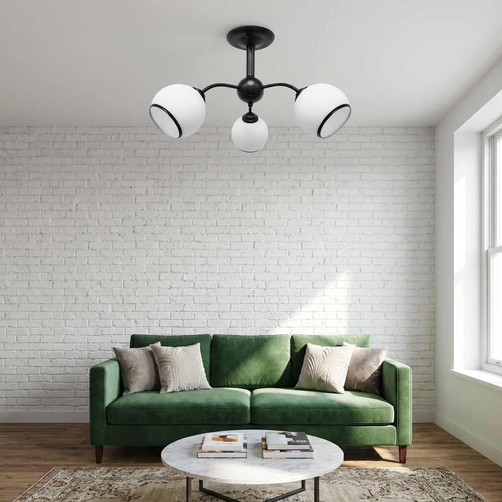 Plafonnier 3 Lampes Acier Verre Noir Blanc — en situation dans une piece, fixe au plafond, eteint