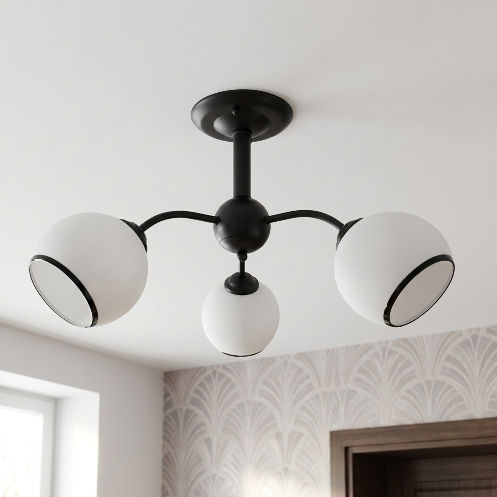 Plafonnier 3 Lampes Acier Verre Noir Blanc — vu de dessous, fixe au plafond, eteint