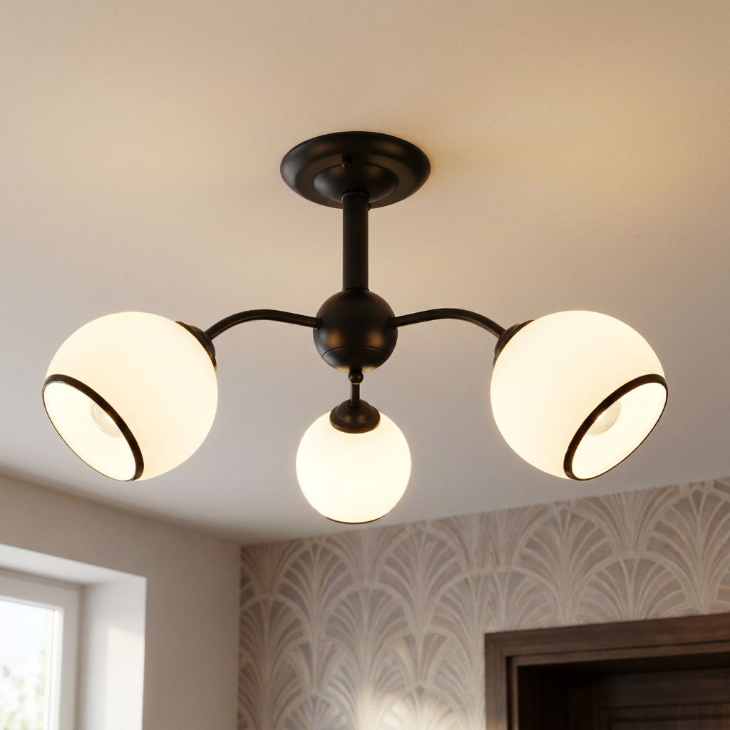 Plafonnier 3 Lampes Acier Verre Noir Blanc — allume au plafond, halo lumineux