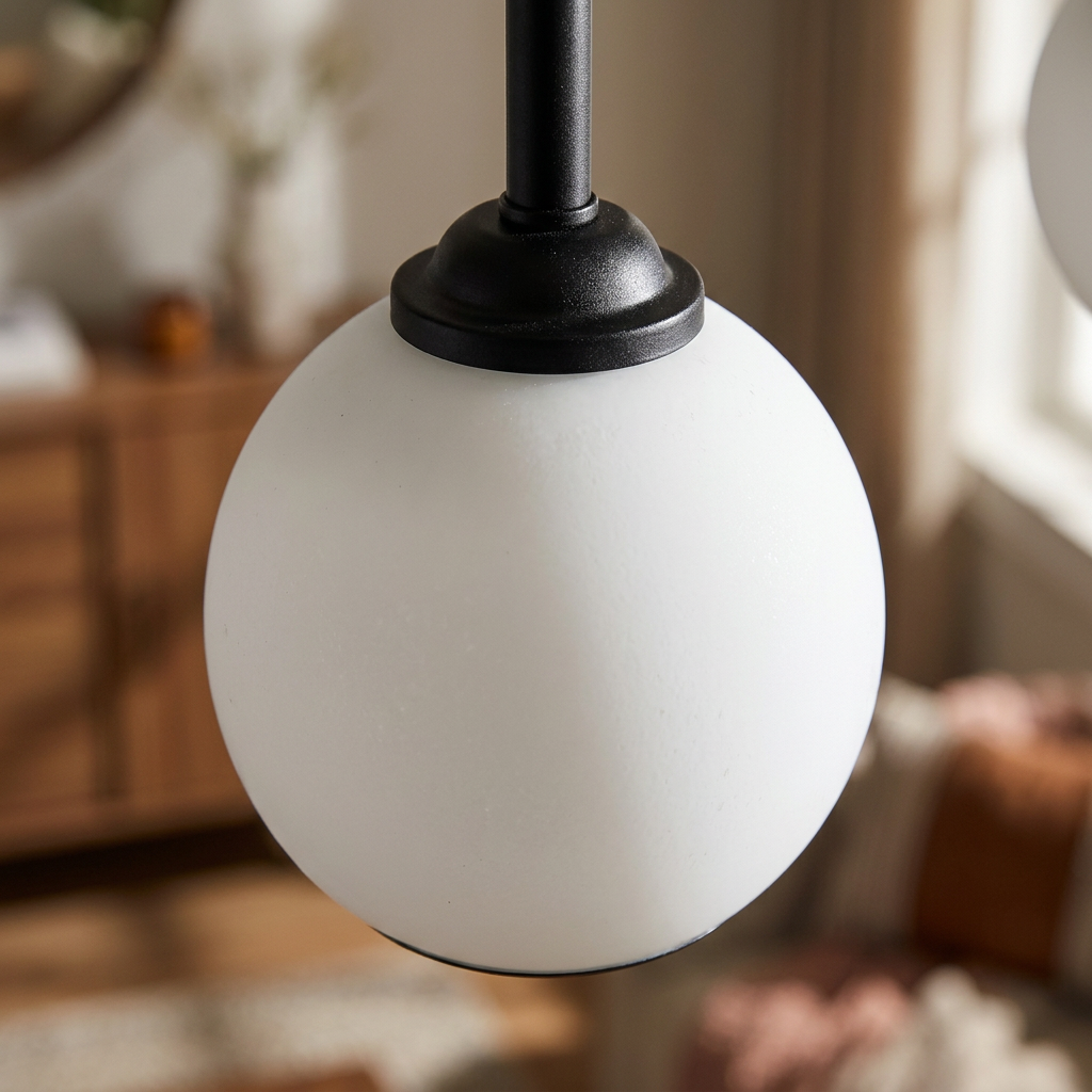 Plafonnier 3 Lampes Acier Verre Noir Blanc — gros plan sur la matiere et la finition